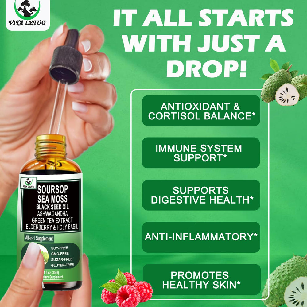 Dropper dispensing Vita Letuo Soursop Drops for easy, gentle daily use.