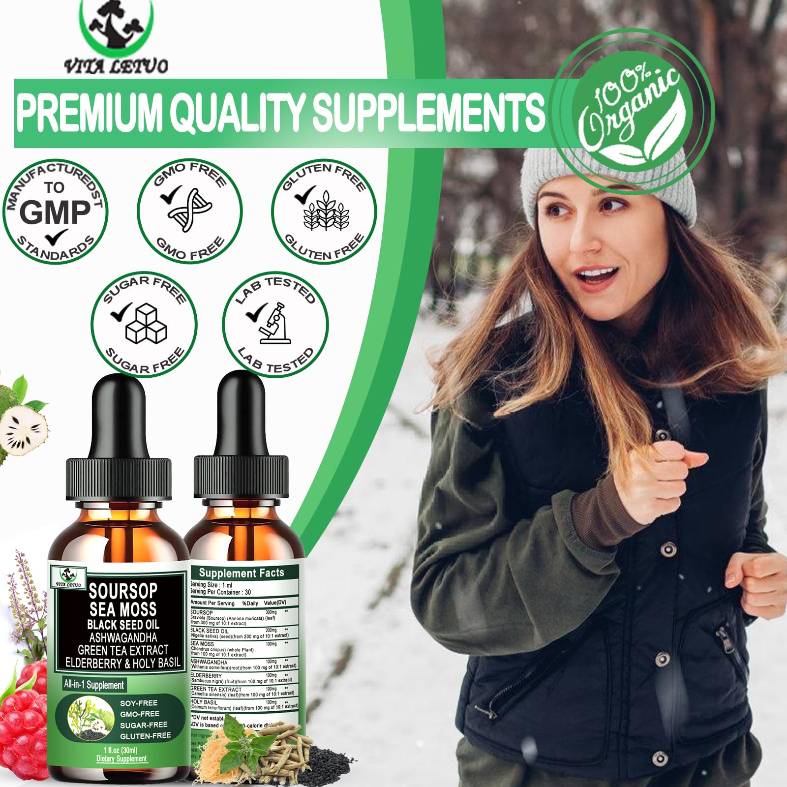 Soursop Drops with green tea extract from Vita Letuo for natural energy and antioxidants.