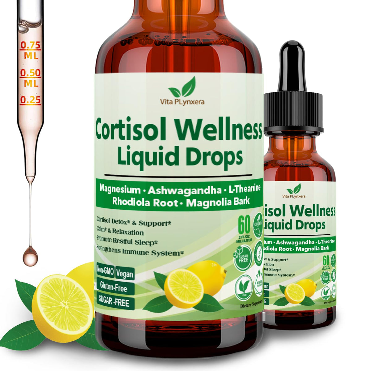 Vita PLynxera cortisol liquid bottle pour for easy daily dosing and balance.