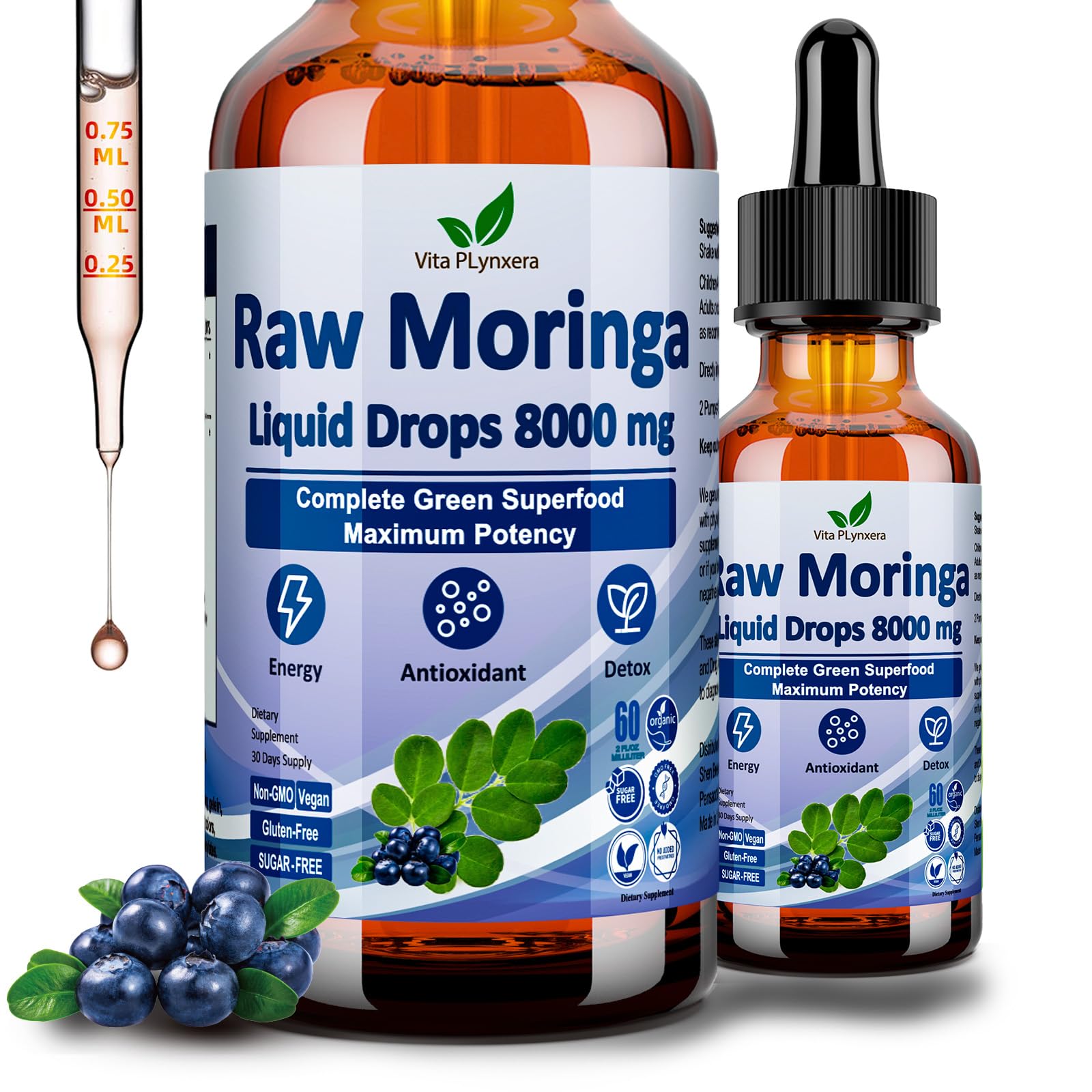 Vita PLynxera Moringa Drops bottle with vibrant liquid for antioxidant daily energy.