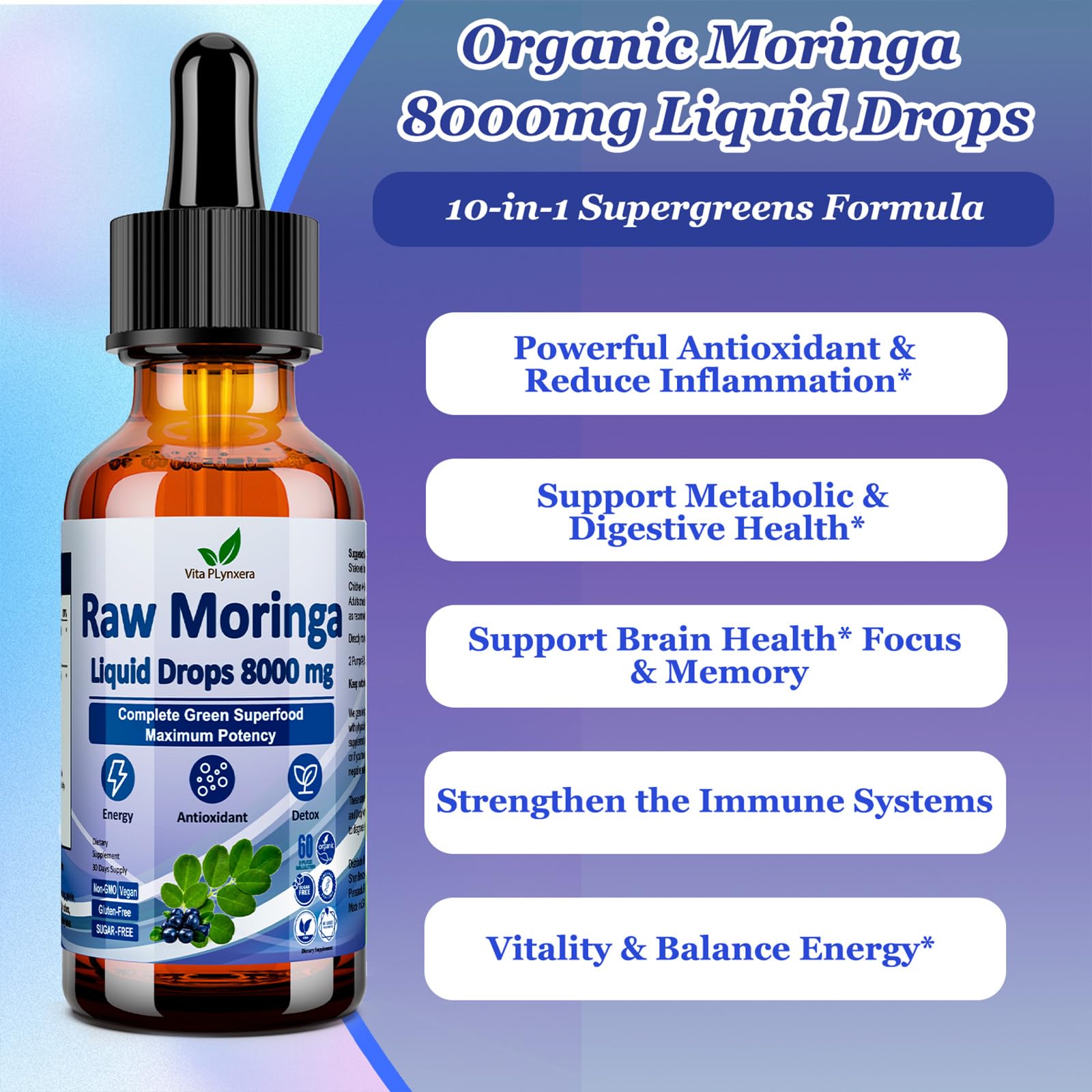Vita PLynxera ten-in-one supergreens blend image highlighting antioxidants.