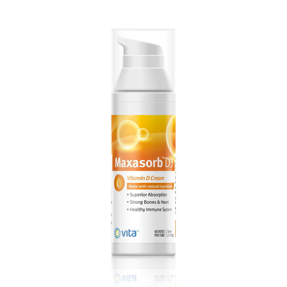 Vita Sciences Maxasorb D3 Cream dispensing pump shows convenient, odorless vitamin D delivery.