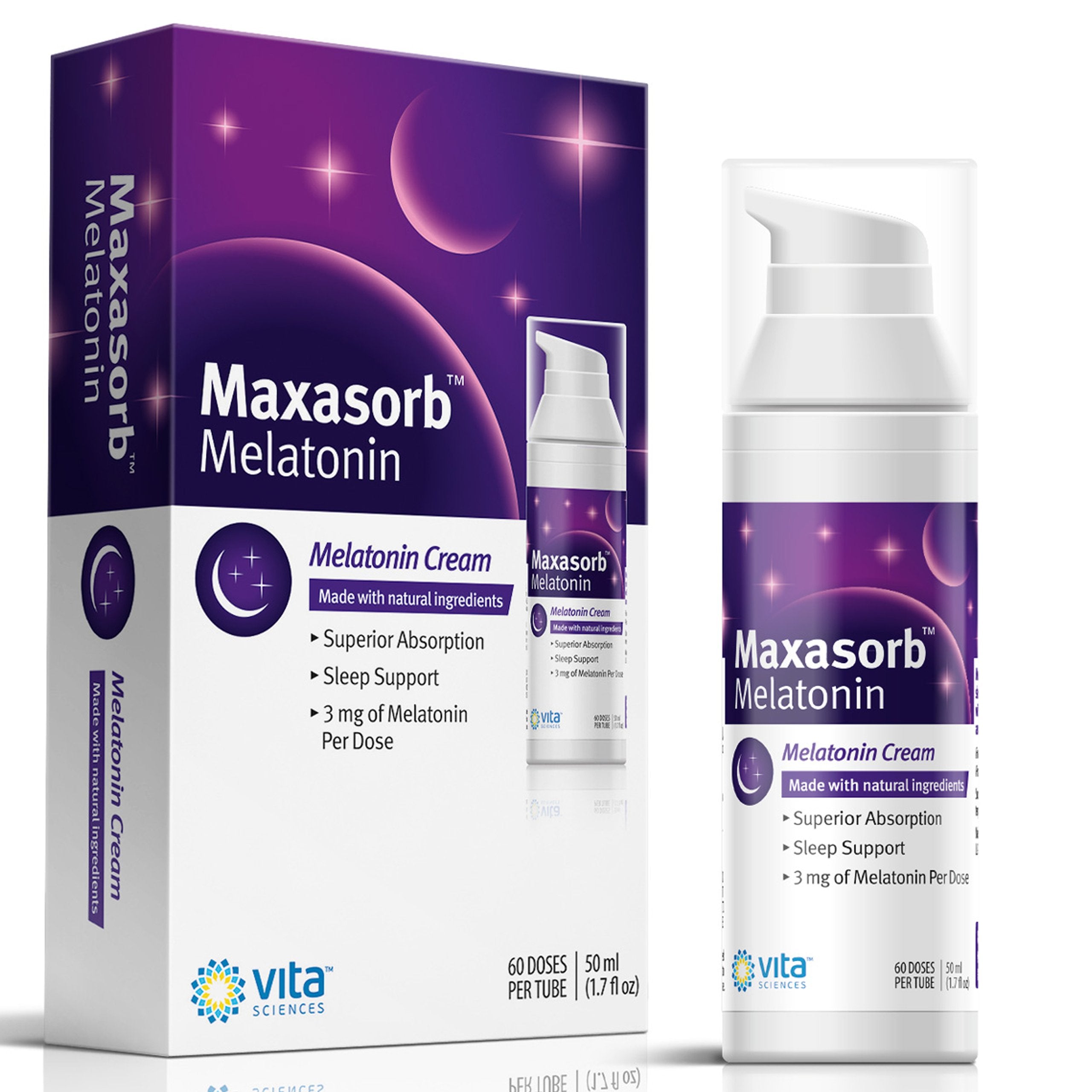 Vita Sciences Maxasorb Melatonin Cream bottle with pump for easy night routine.