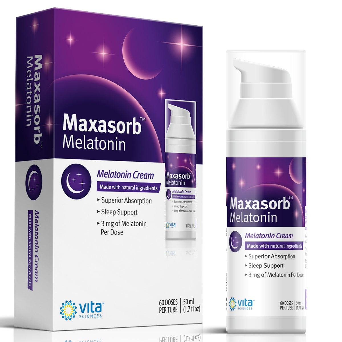 Vita Sciences Maxasorb Melatonin Cream bottle with pump for easy night routine.