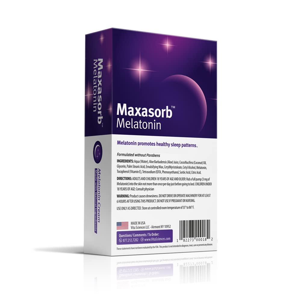Vita Sciences Maxasorb Melatonin Cream unscented packaging designed for sensitive skin.