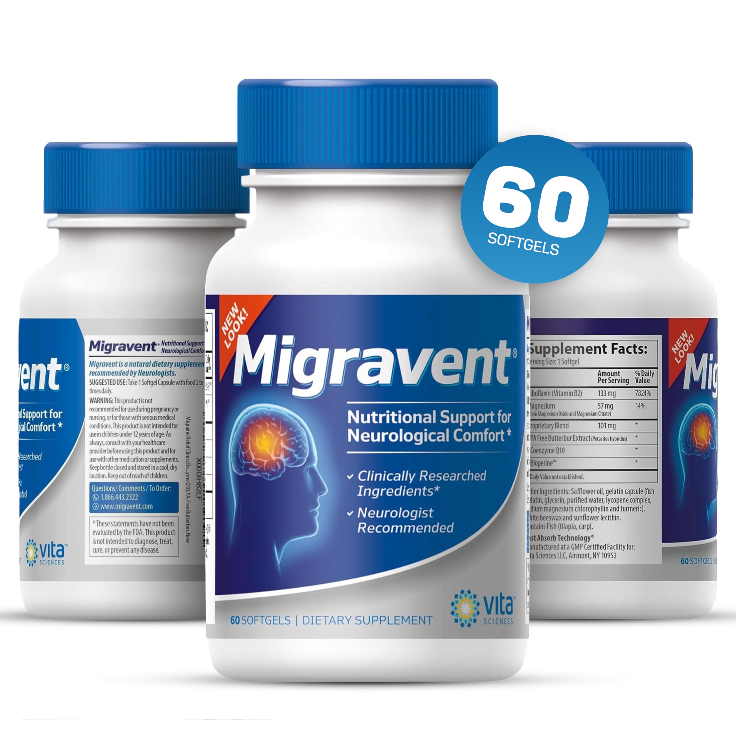 Vita Sciences Migravent ingredients close-up showcases CoQ10 and magnesium for energy metabolism