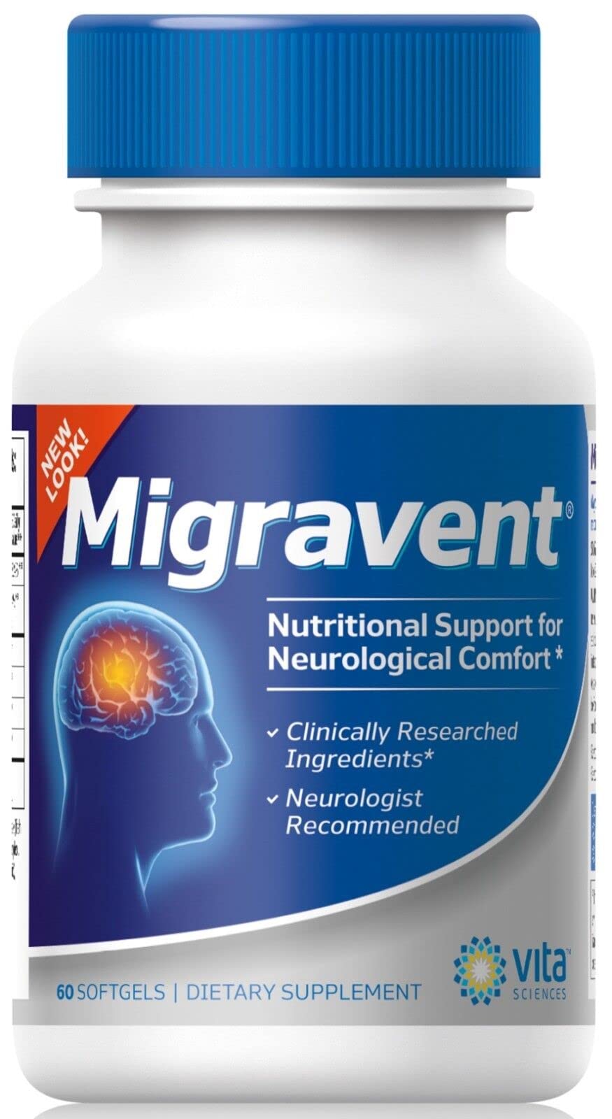 Vita Sciences Migravent packaging communicates non-GMO, caffeine-free formulation