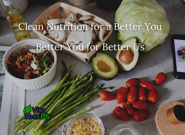 Table with fresh vegetables and a salad, promoting 'Clean Nutrition for a Better You' with Vita Nutris branding.