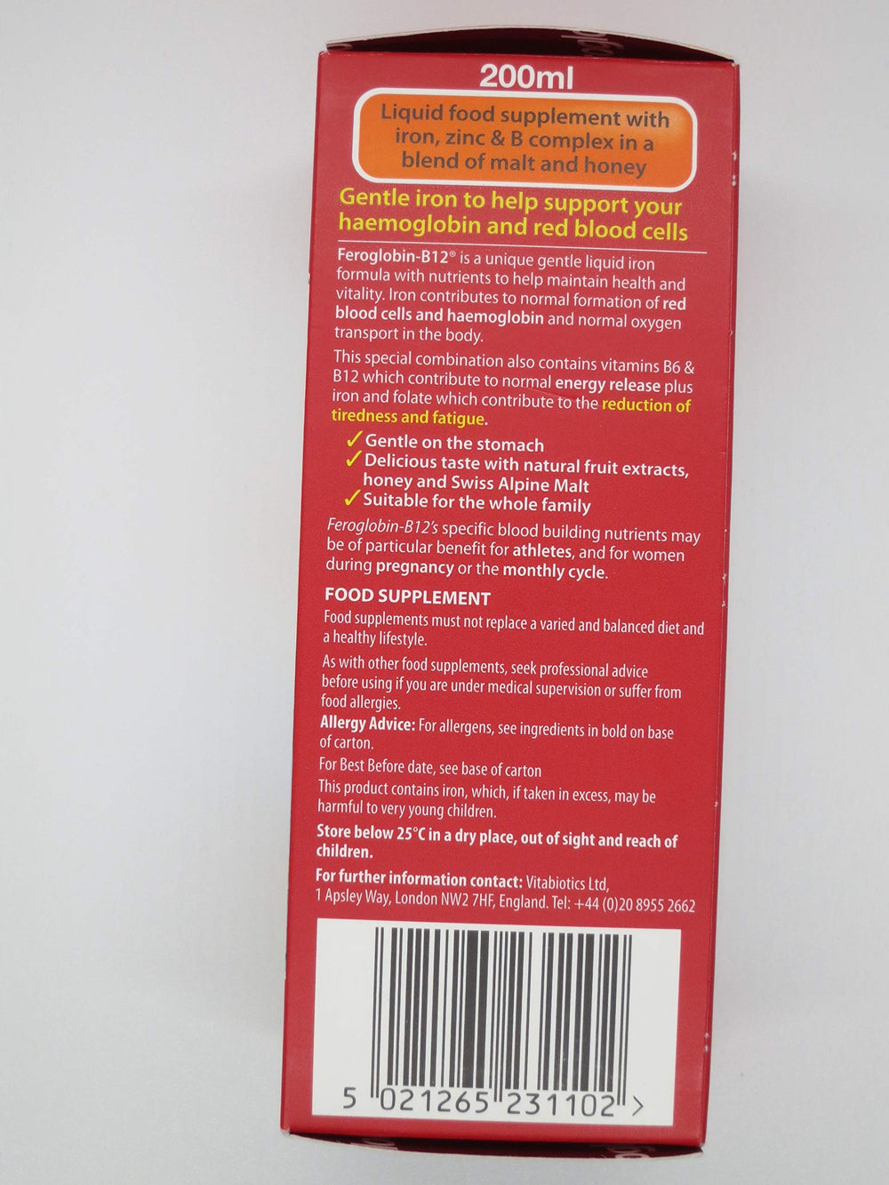 Vitabiotics Feroglobin liquid bottle with label highlights iron and B12 fortification for adults.
