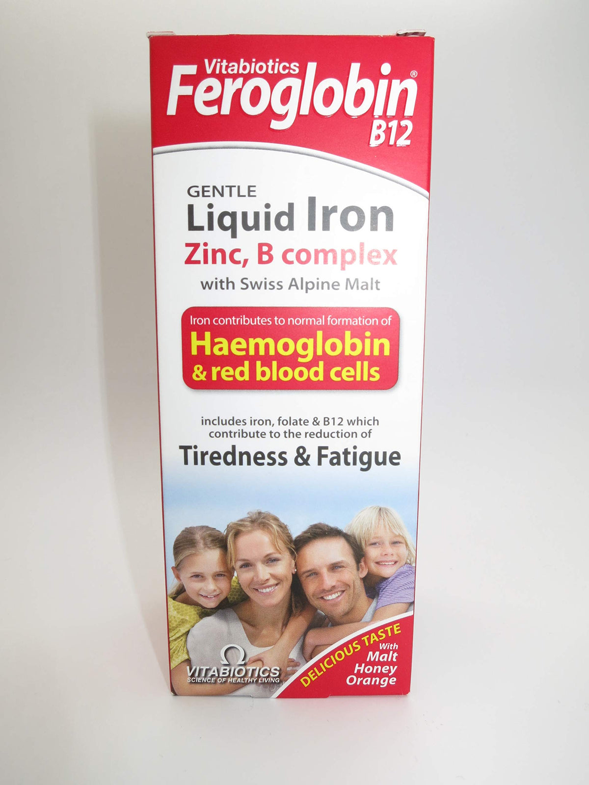 Vitabiotics Feroglobin liquid bottle pour illustrates easy daily use and convenient dosing.