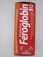 Vitabiotics Feroglobin liquid closeup label emphasizes quality ingredients and kosher facility.