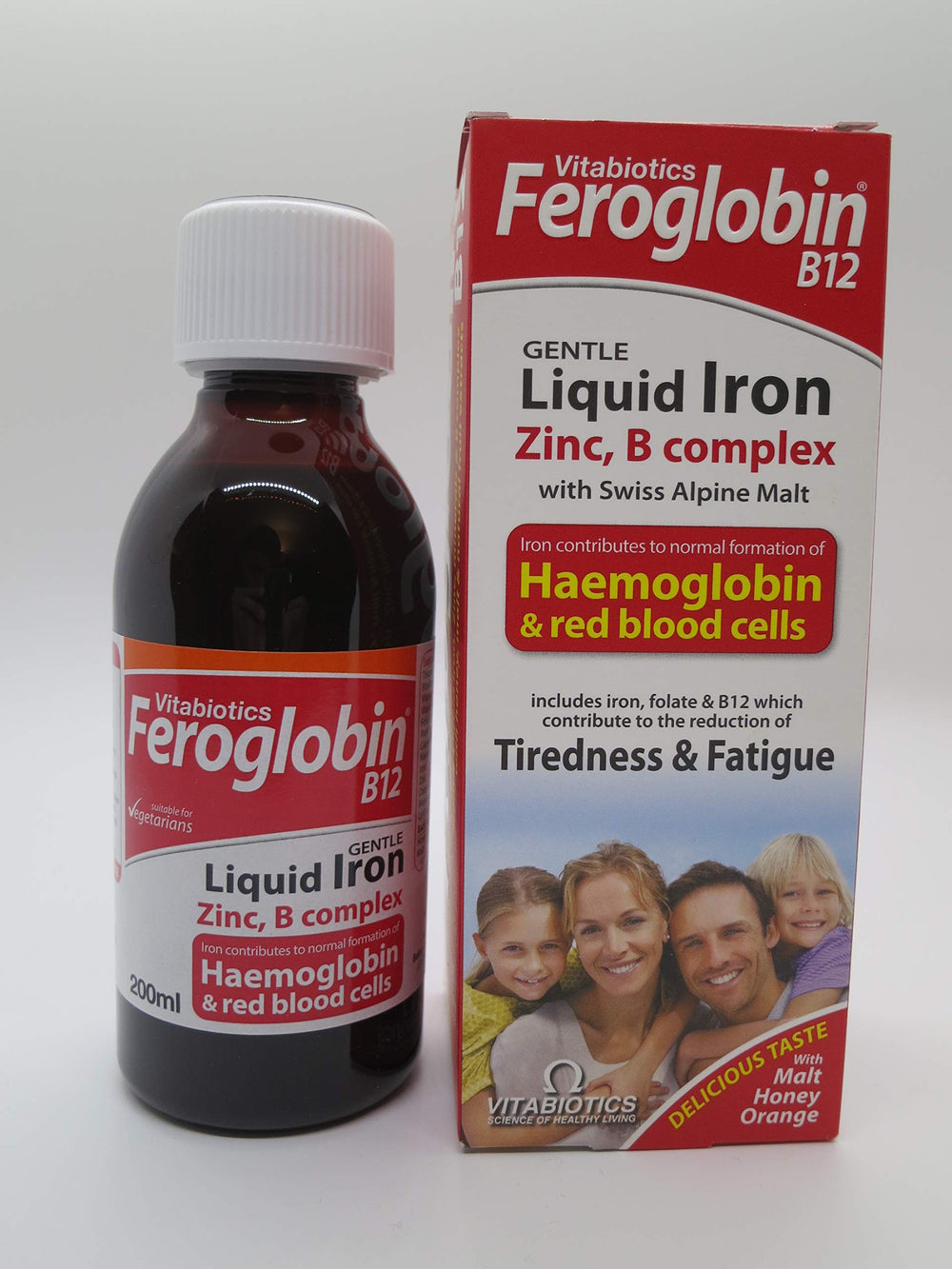 Vitabiotics Feroglobin liquid kitchen scene suggests simple, flavorless daily iron support.