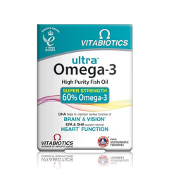 Vitabiotics Ultra Omega 3 High Potency bottle shows high-purity fish oil for heart and brain support