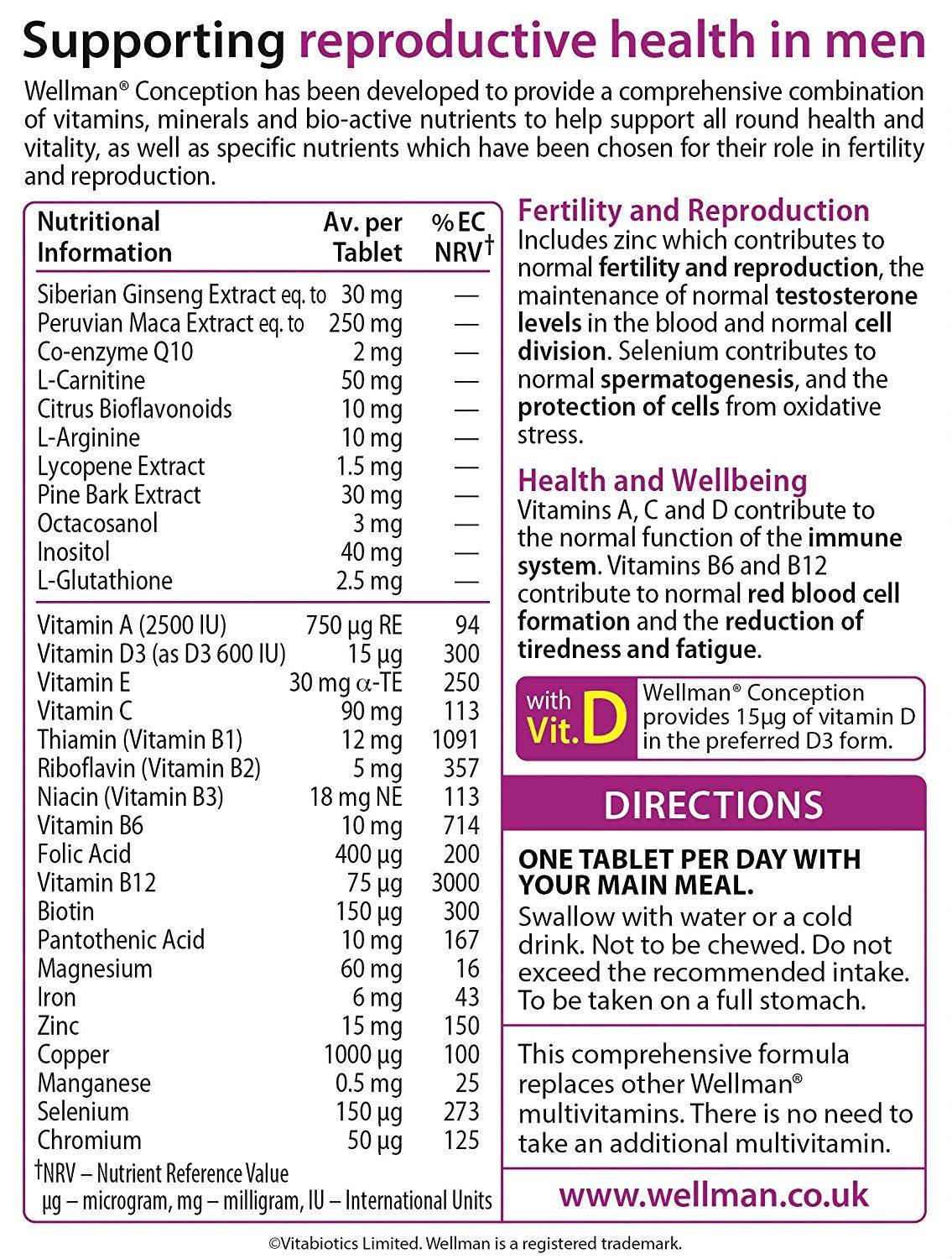 Vitabiotics Wellman Conception tablet pile with close-up nutrition facts