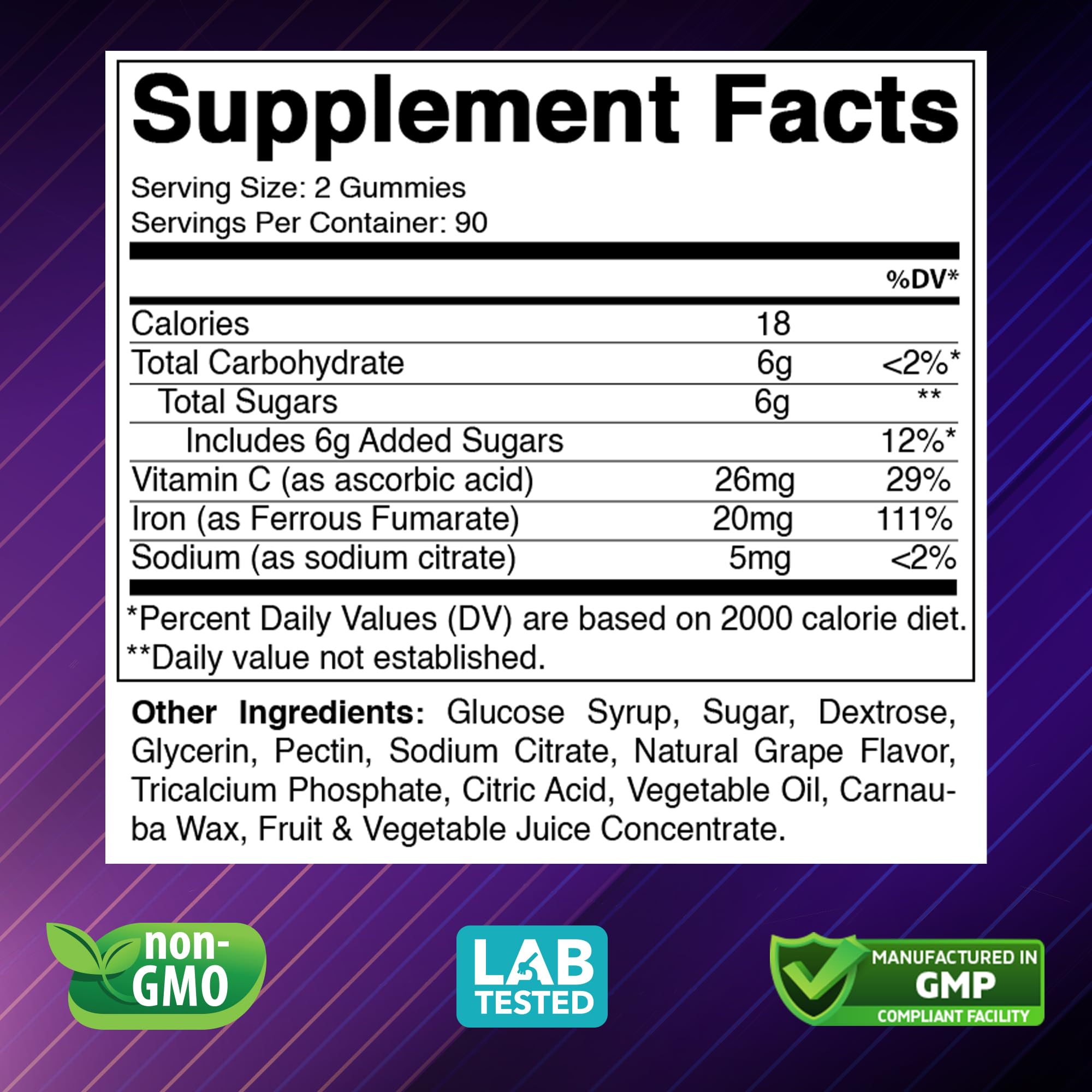 Closeup of Vitabod Iron Gummies grape chews for daily iron intake.