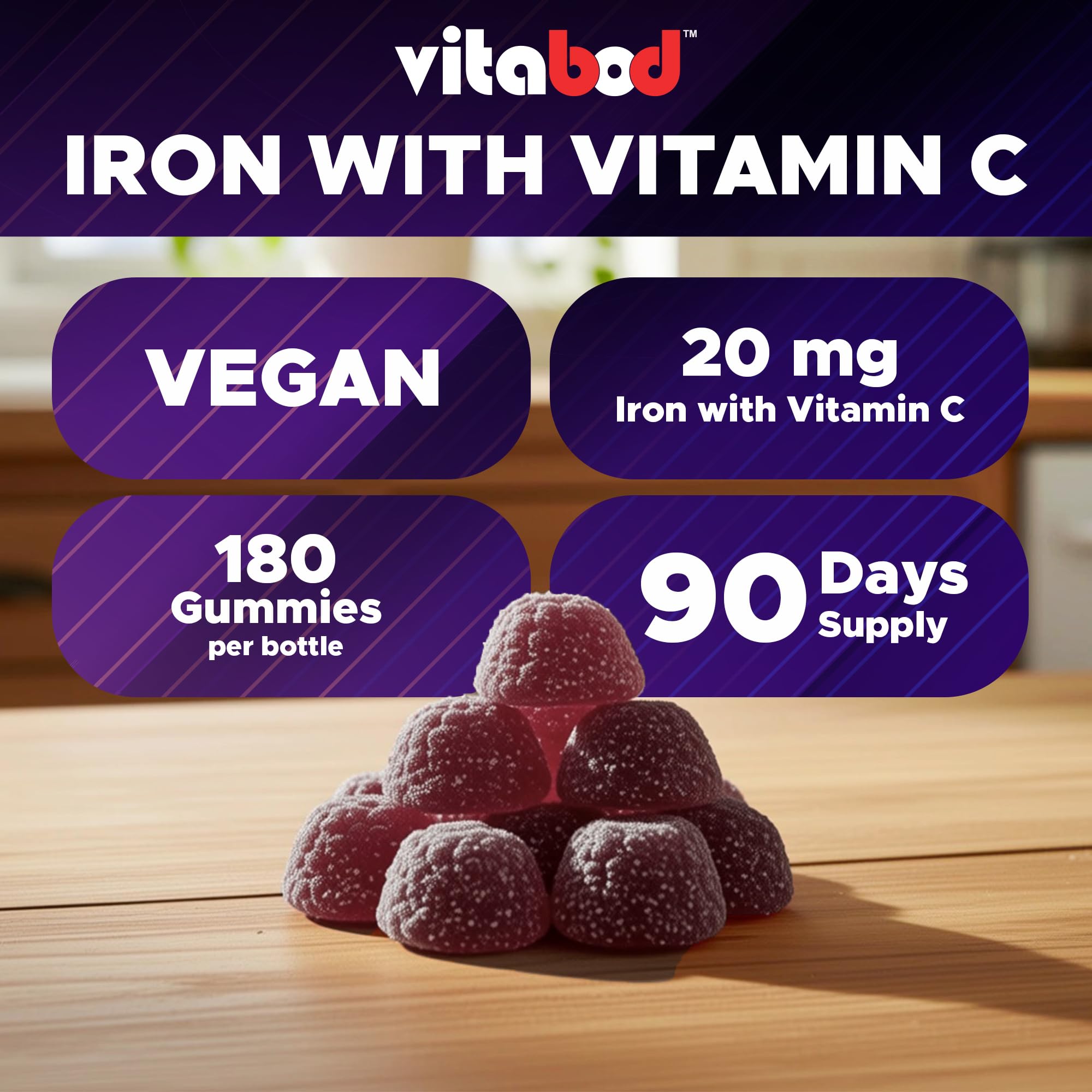 Family-friendly Vitabod Iron Gummies packaging for adults and kids.
