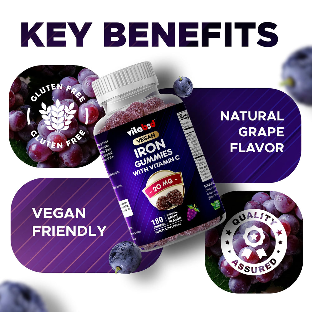 Vitabod Iron Gummies packaging highlights clean ingredients and exclusions.
