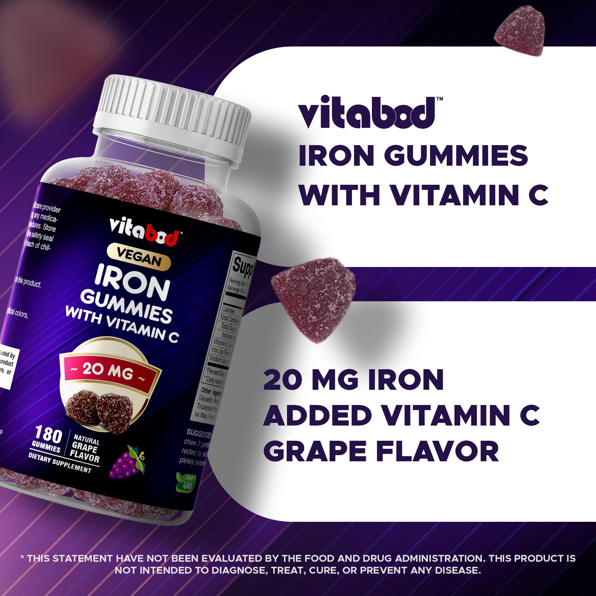 Nutrition label closeup shows iron and vitamin C per serving for Vitabod.