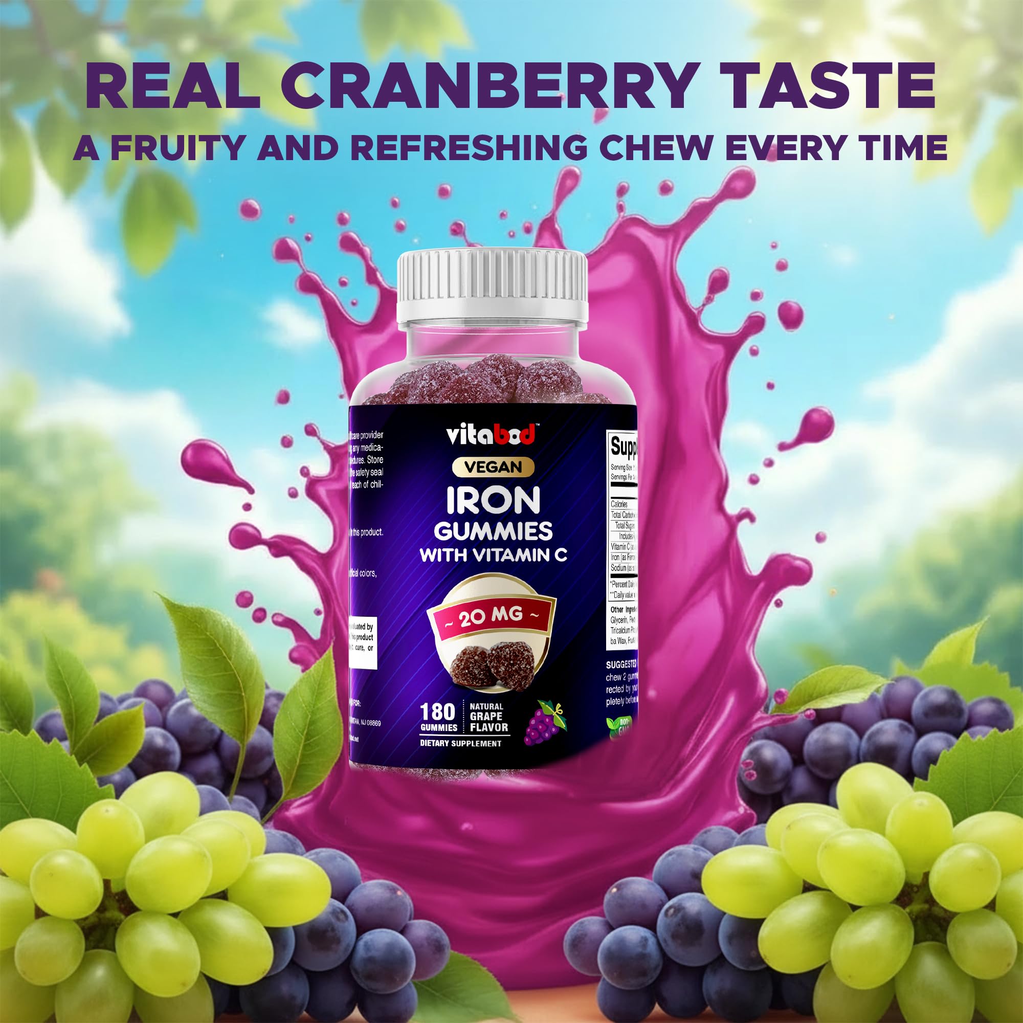 Soft, chewy texture of Vitabod Iron Gummies in grape flavor.