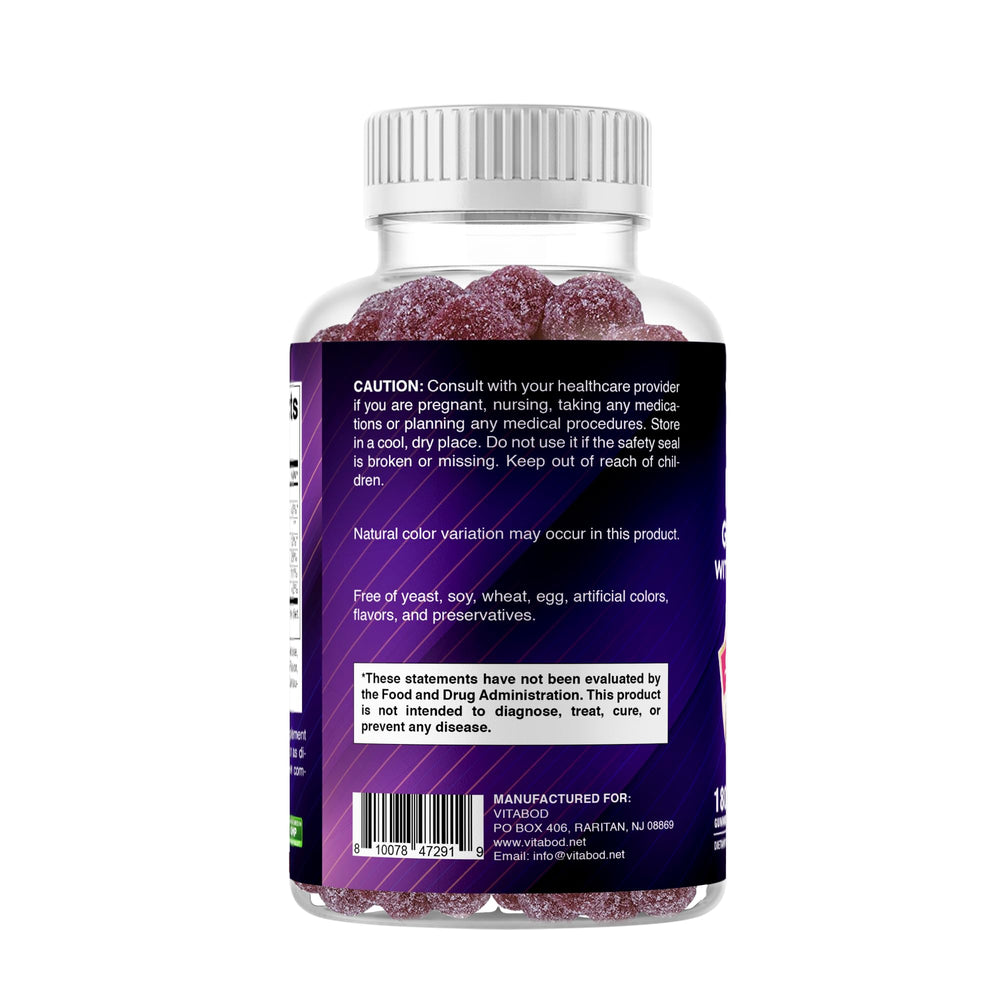 Grape-flavored Vitabod gummies with vitamin C icon for absorption support.