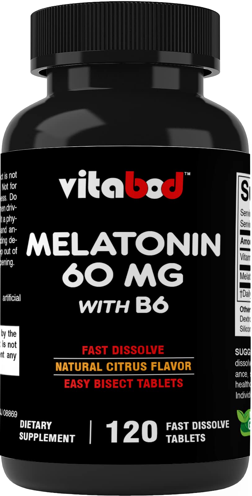 Vitabod Melatonin 60mg bottle on display, non-habit forming sleep aid