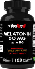 Vitabod Melatonin 60mg bottle on display, non-habit forming sleep aid