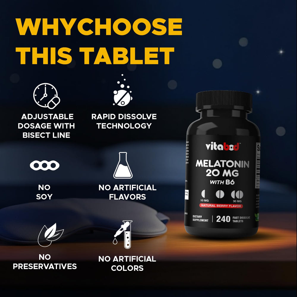 Vitabod Melatonin label highlighting USA-made and quality testing.