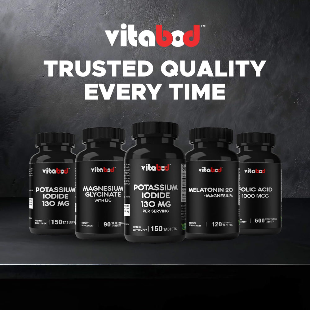 A glass of water accompanies Vitabod potassium iodide tablets for easy intake.