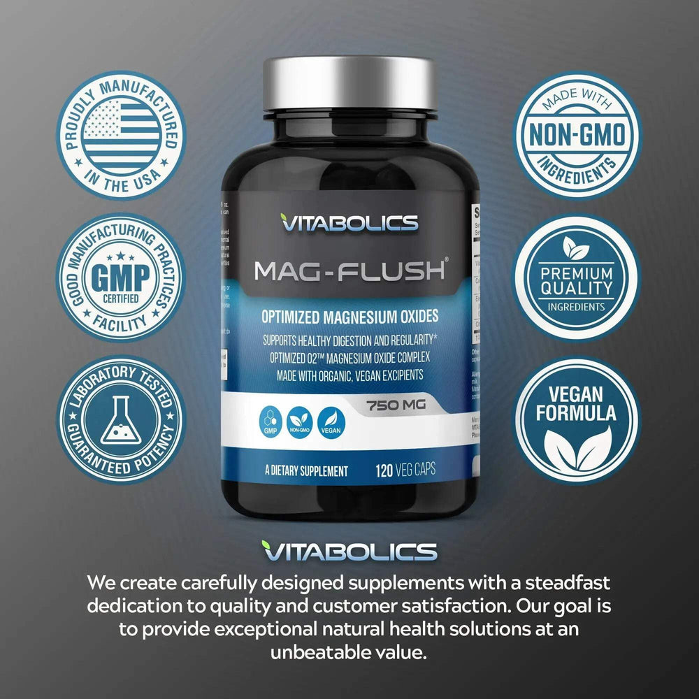 Vitabolics Mag Flush usage steps guide showing simple bedtime dosing