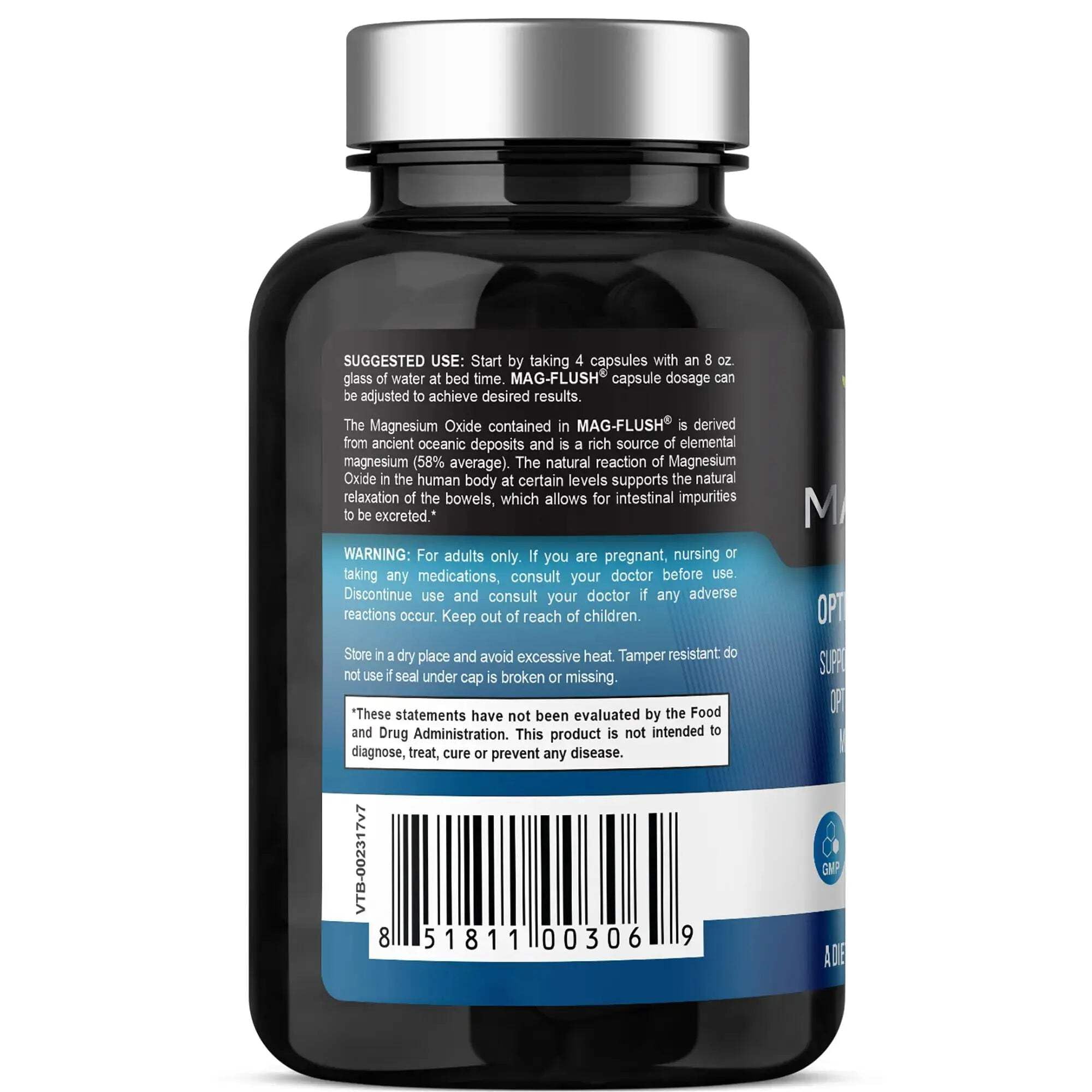 Vitabolics Mag Flush label emphasizing organic certifications and vegan excipients