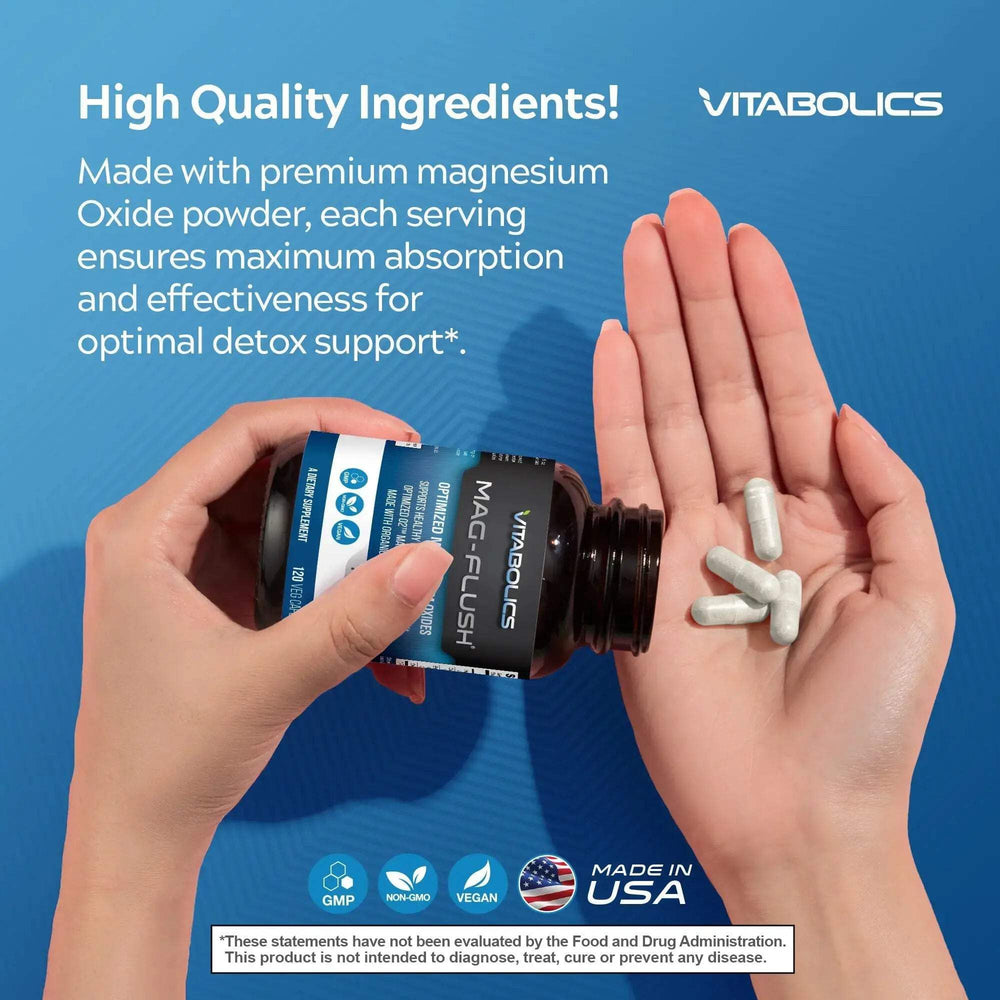 Vitabolics Mag Flush night-use scene showing bedtime dosage with water