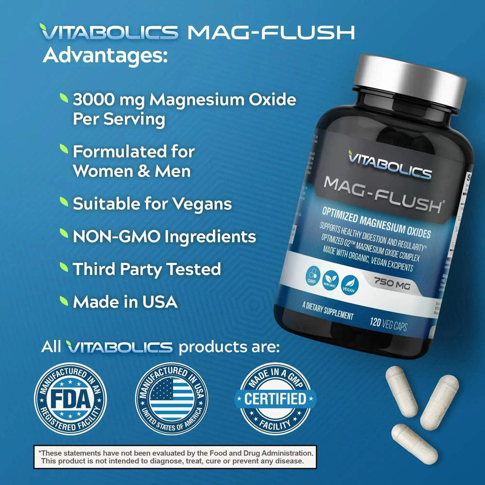 Vitabolics Mag Flush oxygenated magnesium oxide close-up underscoring absorption potential