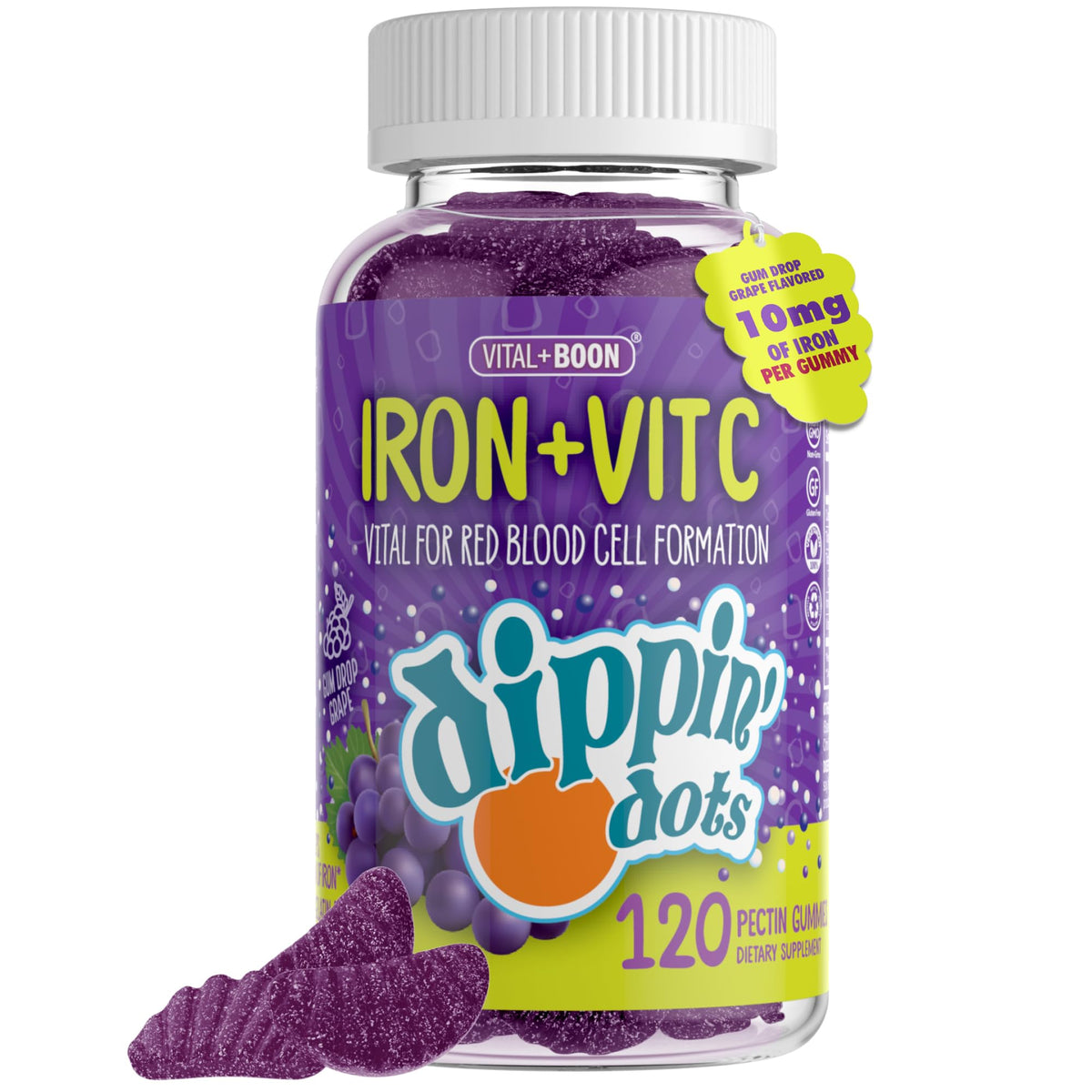 Vital+Boon iron gummies bottle with grape flavor supports daily energy and iron intake