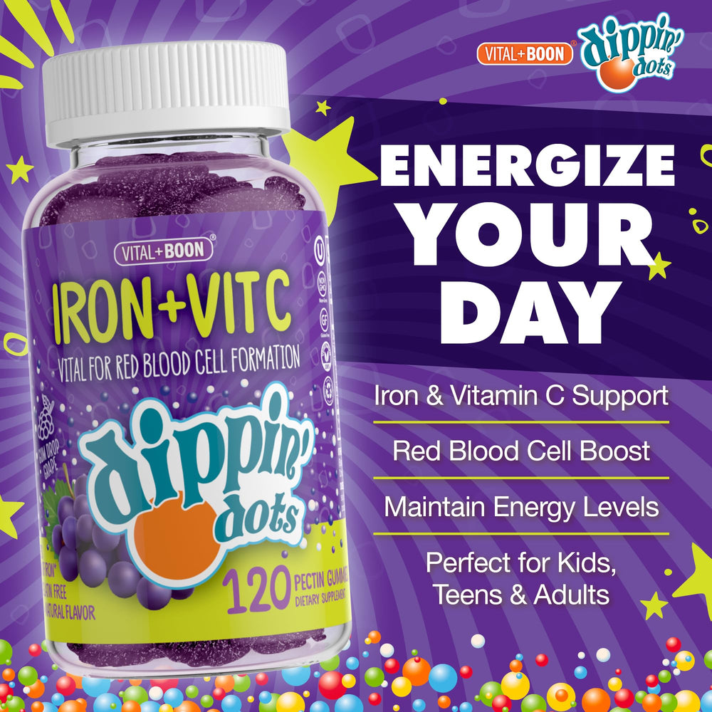 Vital+Boon iron gummies grape chews close-up highlighting real fruit flavor and texture