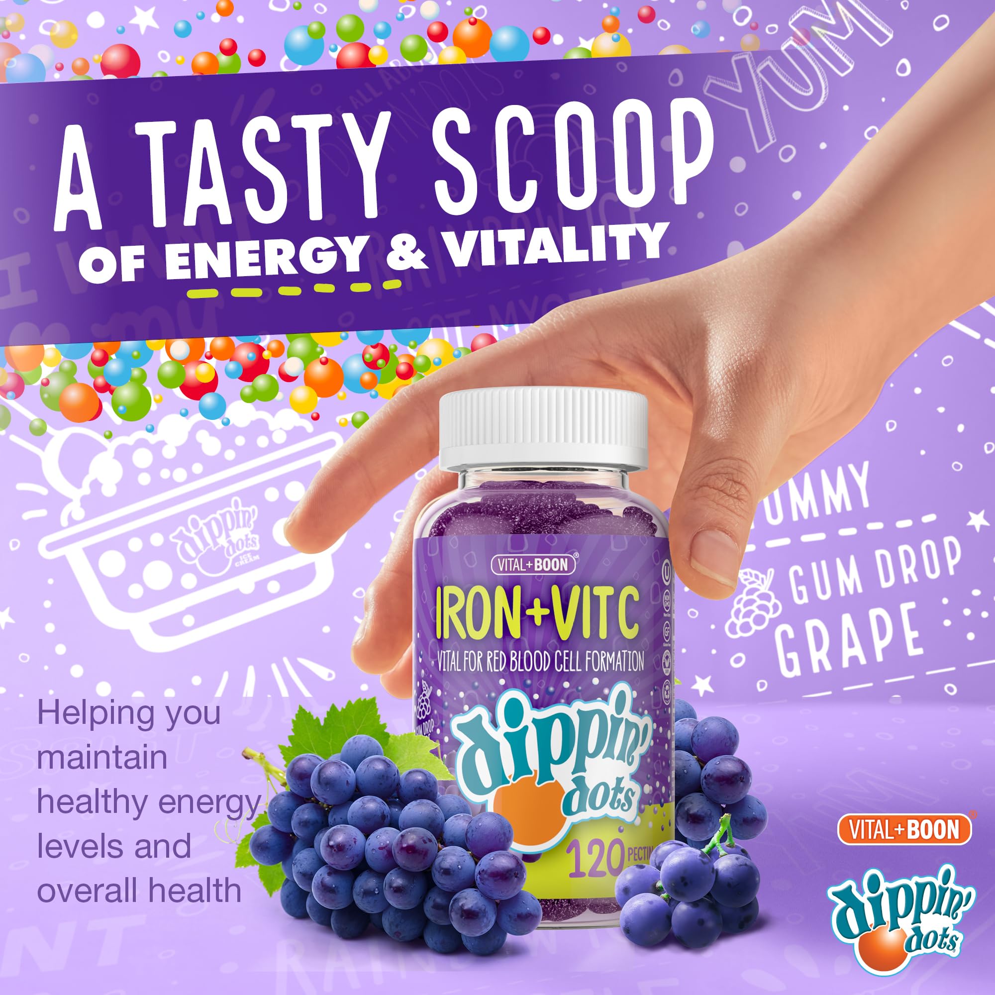 Vital+Boon iron gummies kid-use scene suggesting suitability for all ages