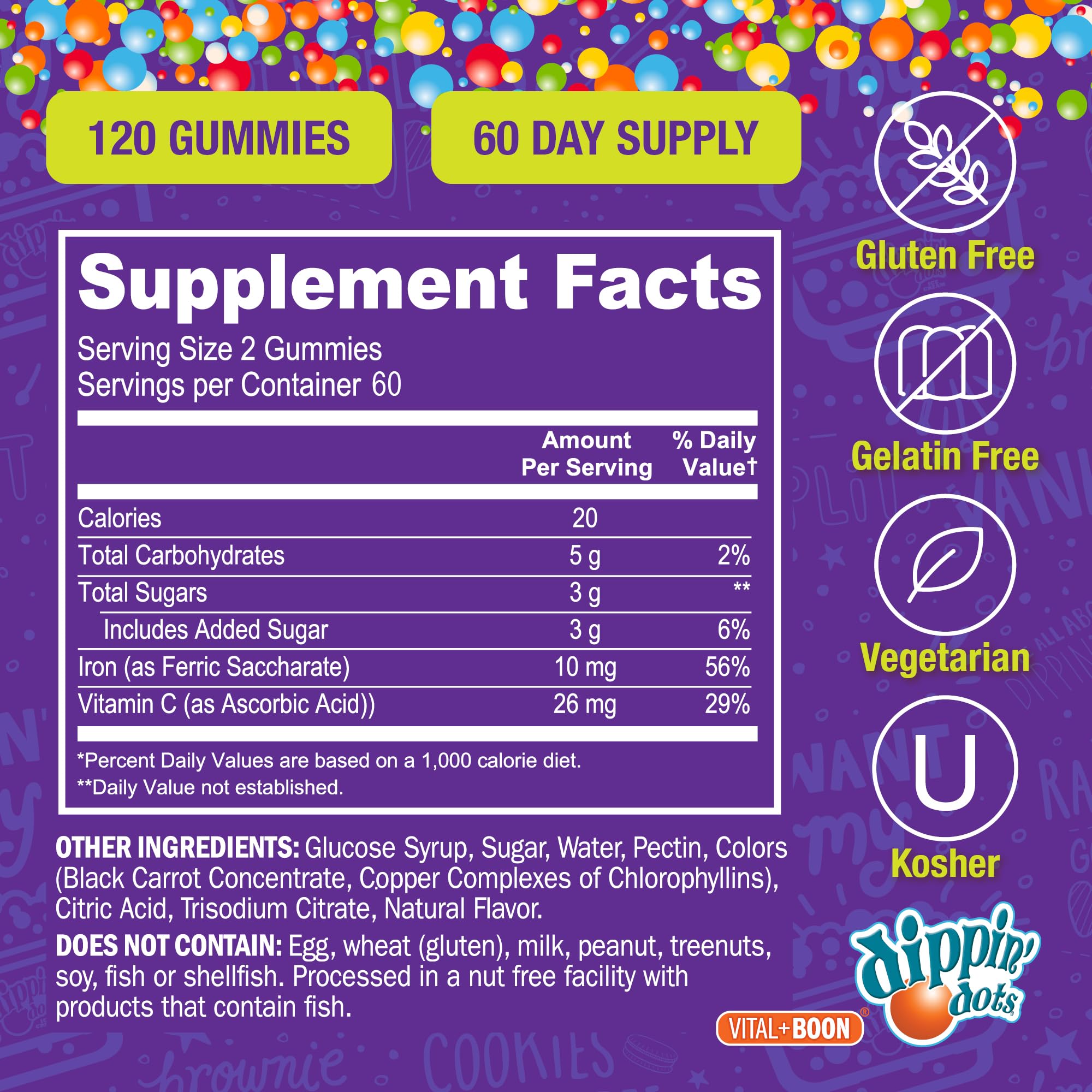Vital+Boon iron gummies non-GMO and gluten-free certifications visible on packaging