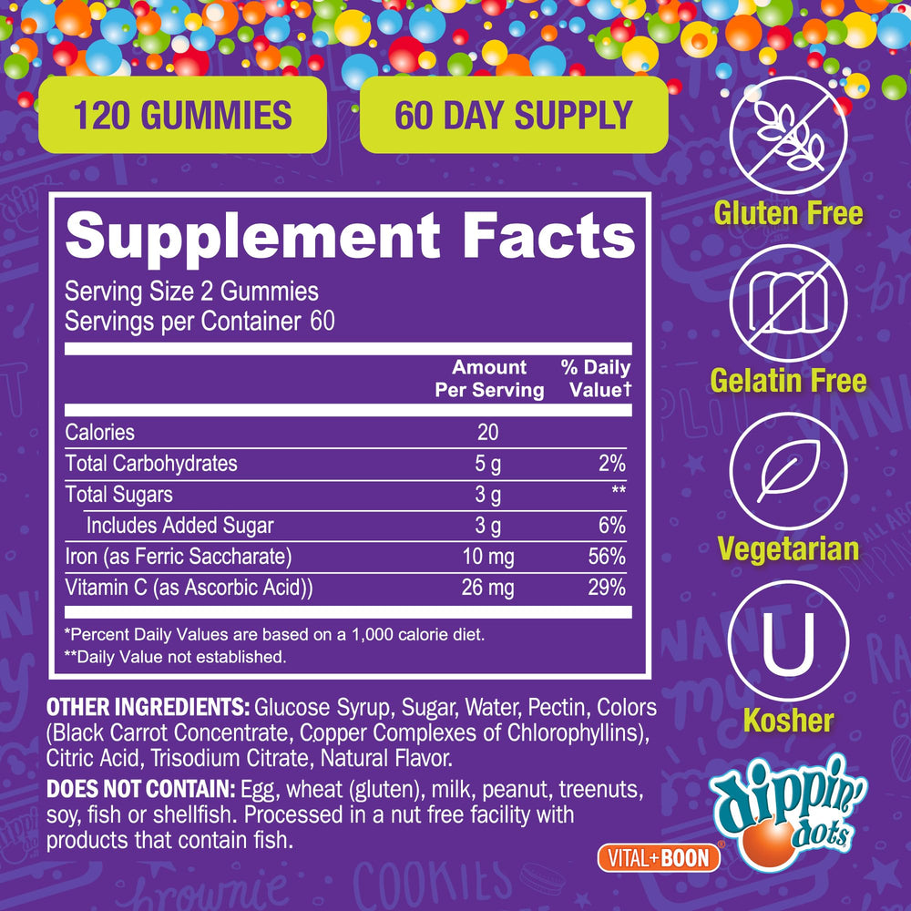 Vital+Boon iron gummies non-GMO and gluten-free certifications visible on packaging