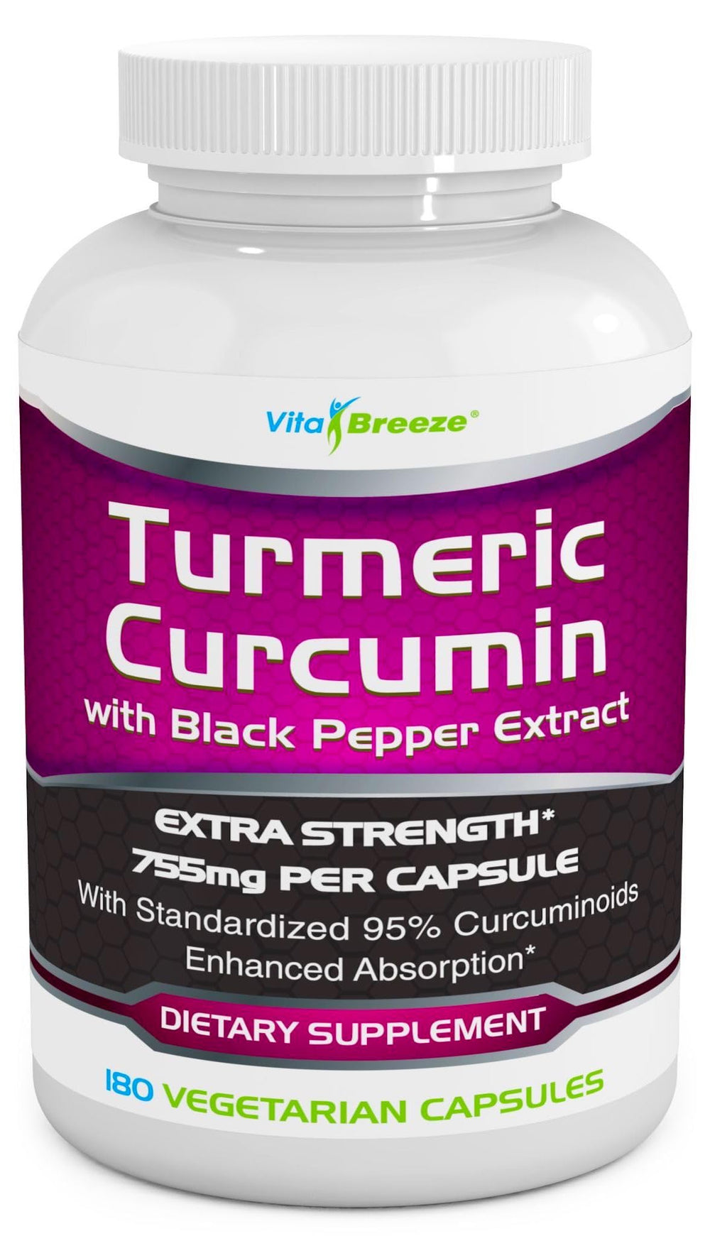 VitaBreeze Turmeric Curcumin bottle with 180 capsules for enhanced absorption.