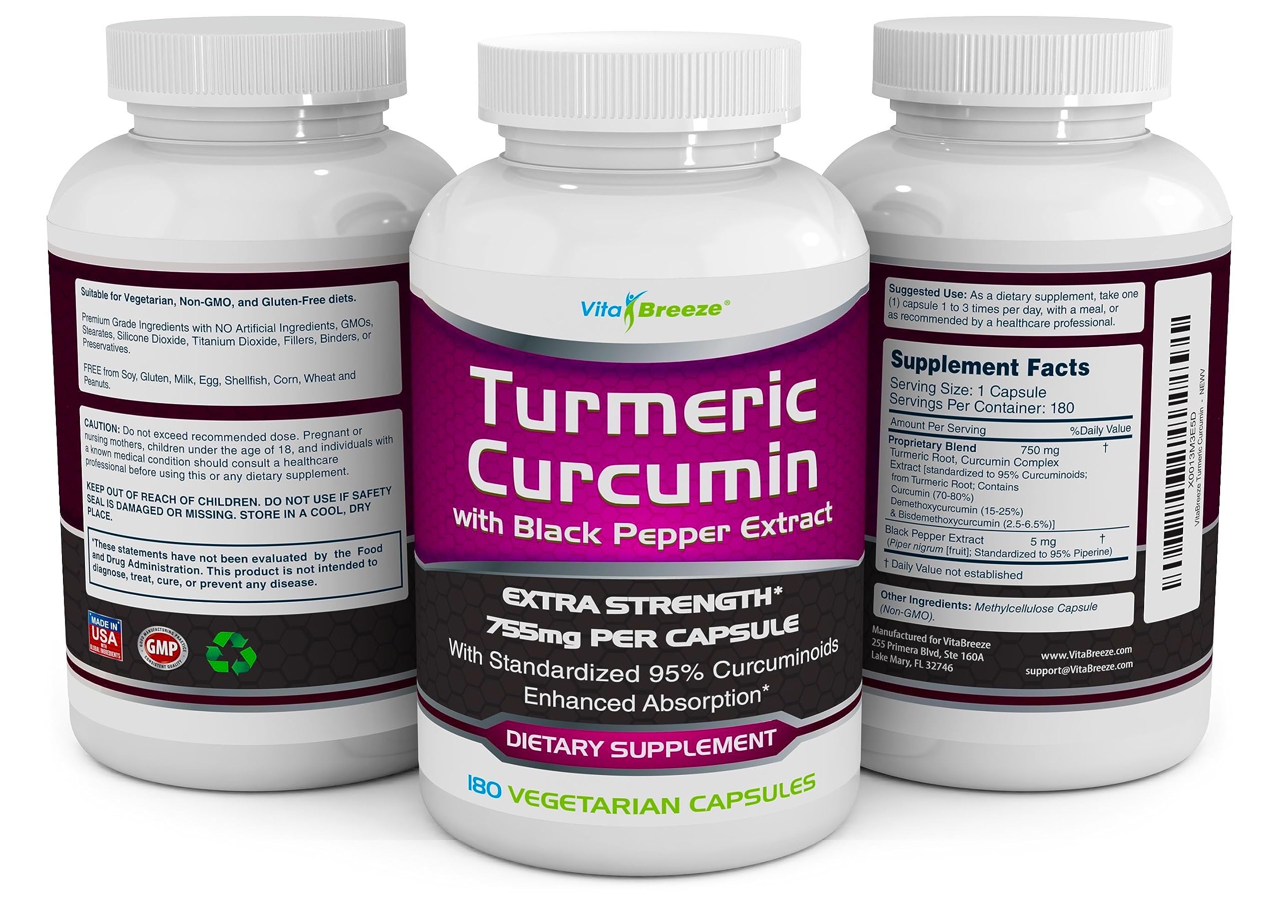 VitaBreeze Turmeric Curcumin bottle label emphasizing potency and clean ingredients.
