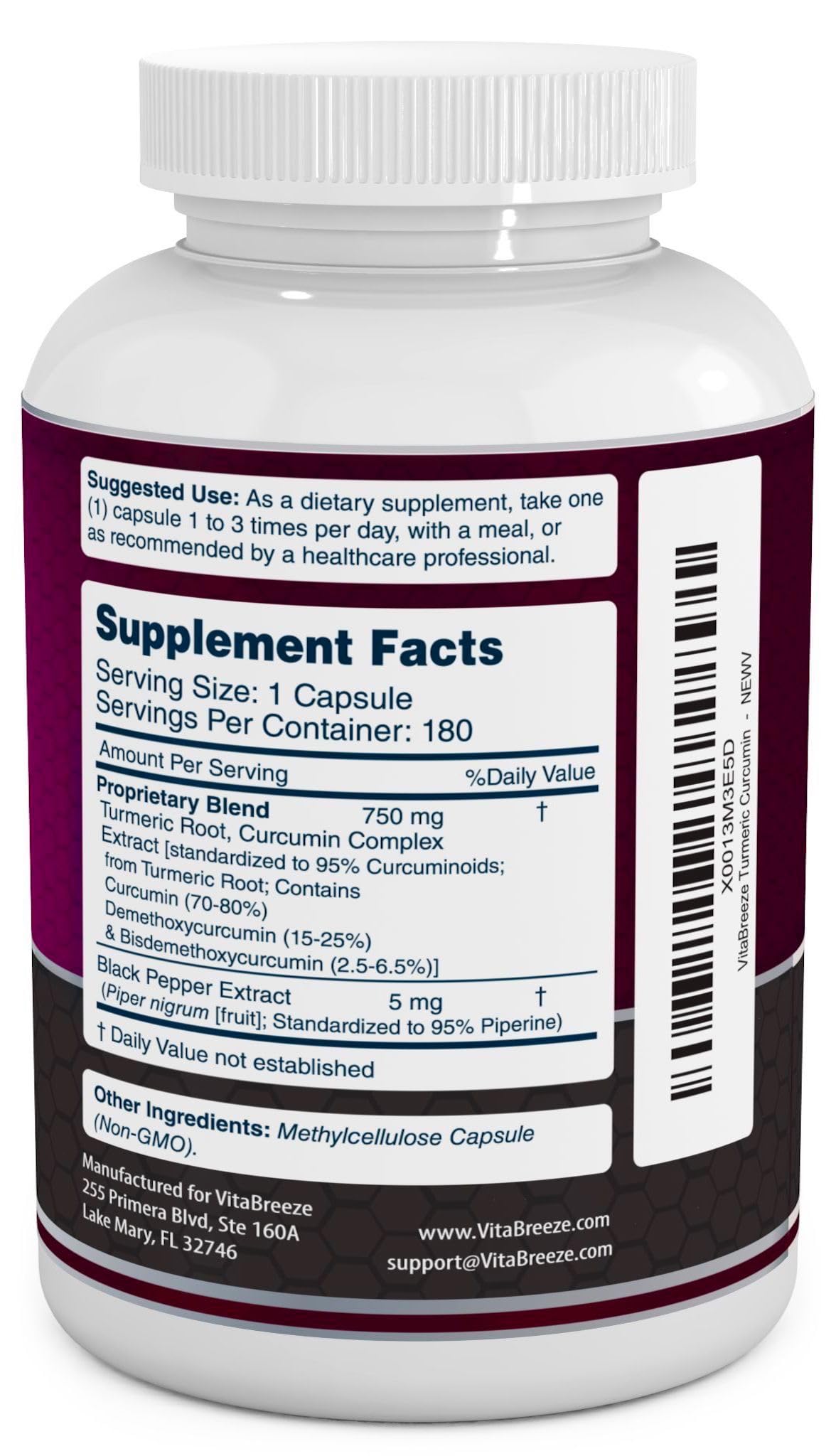VitaBreeze Turmeric Curcumin capsules close-up showing standardized curcuminoids.