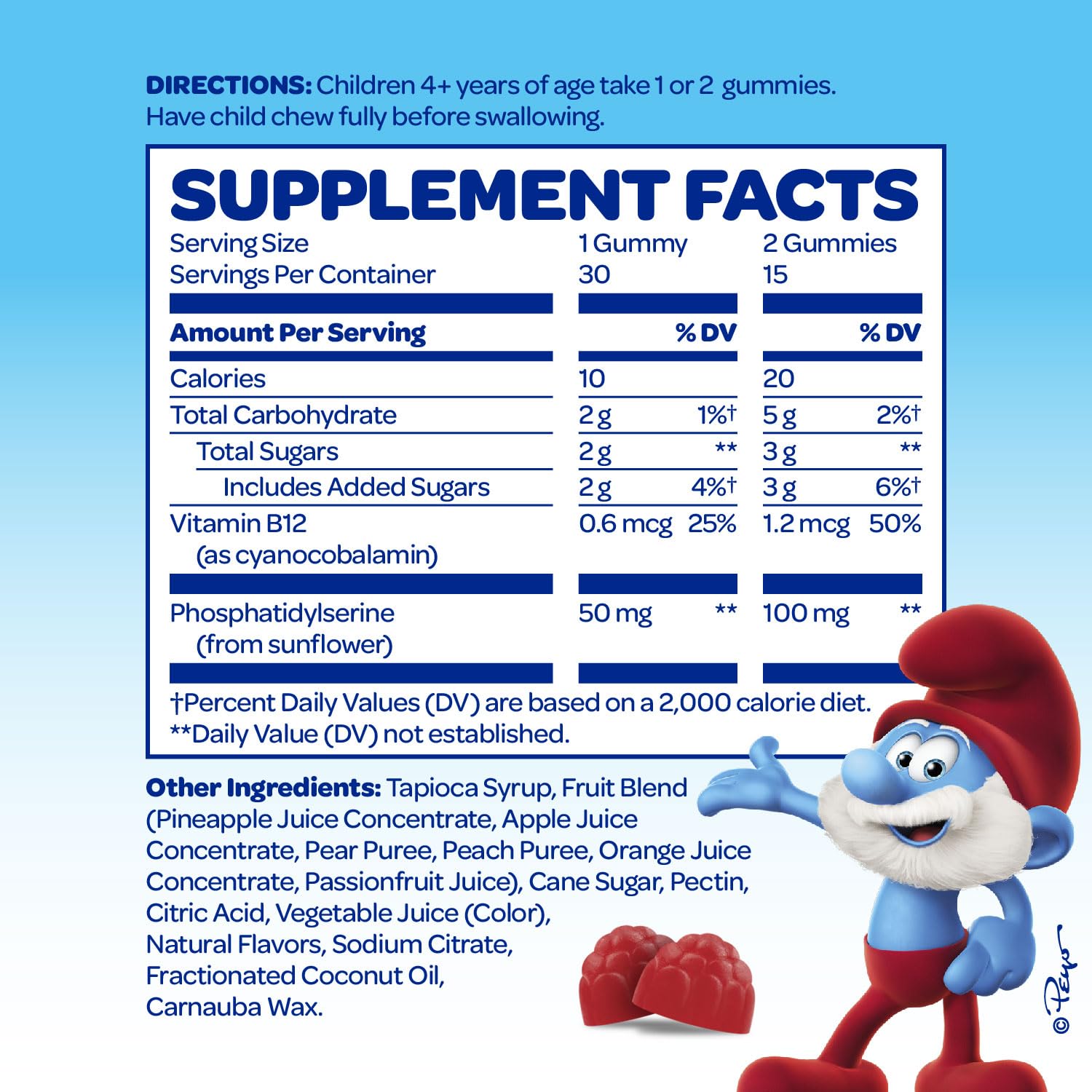 VITABURST Smurfs Focus Gummies on table with colorful real-fruit shapes.