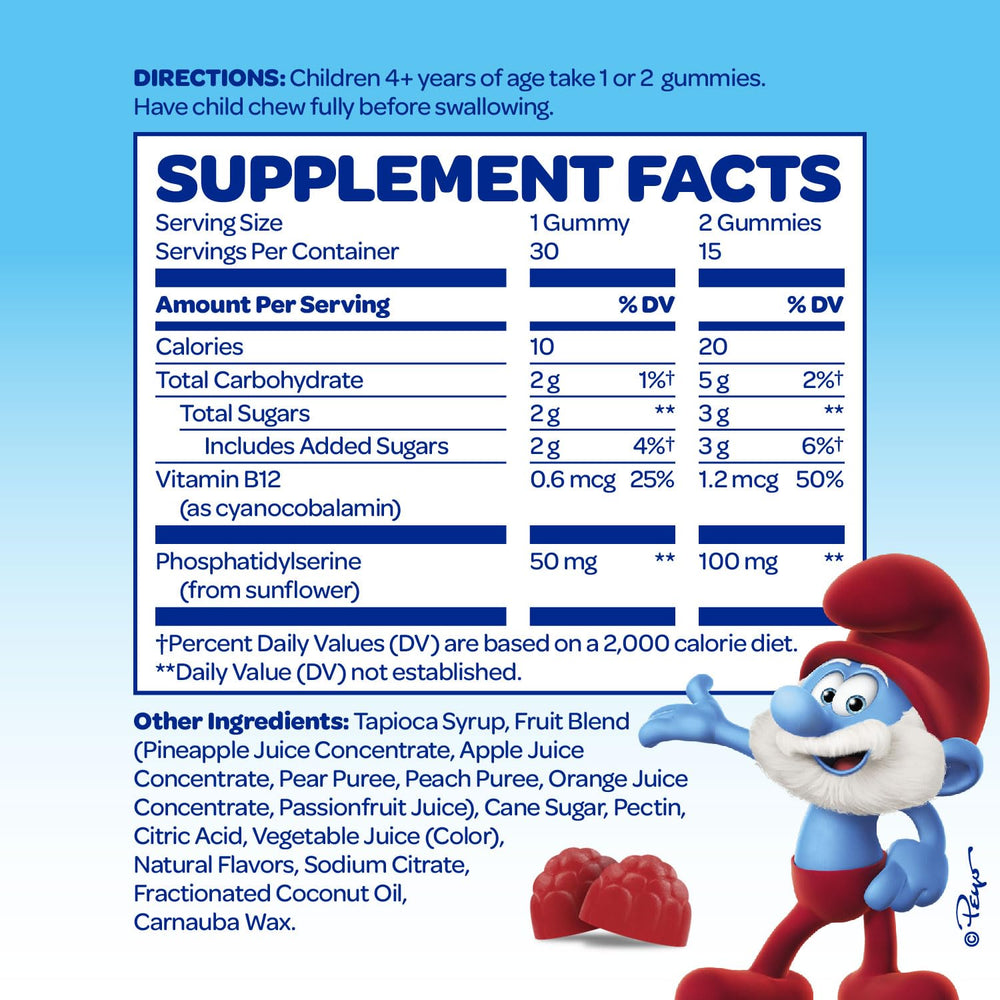 VITABURST Smurfs Focus Gummies on table with colorful real-fruit shapes.
