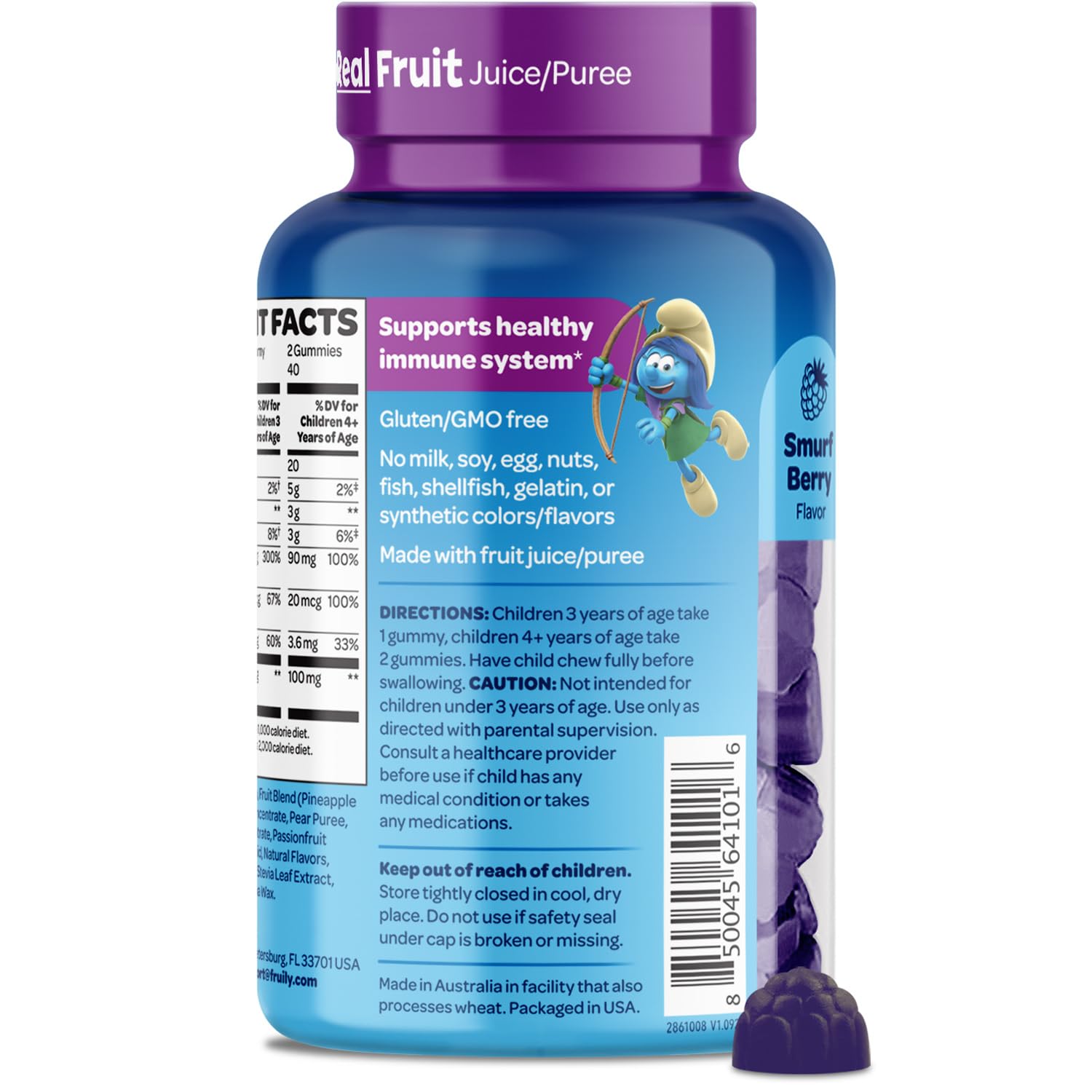 Vitaburst Smurfs Immune jar open displaying vibrant gummies for school-day routines