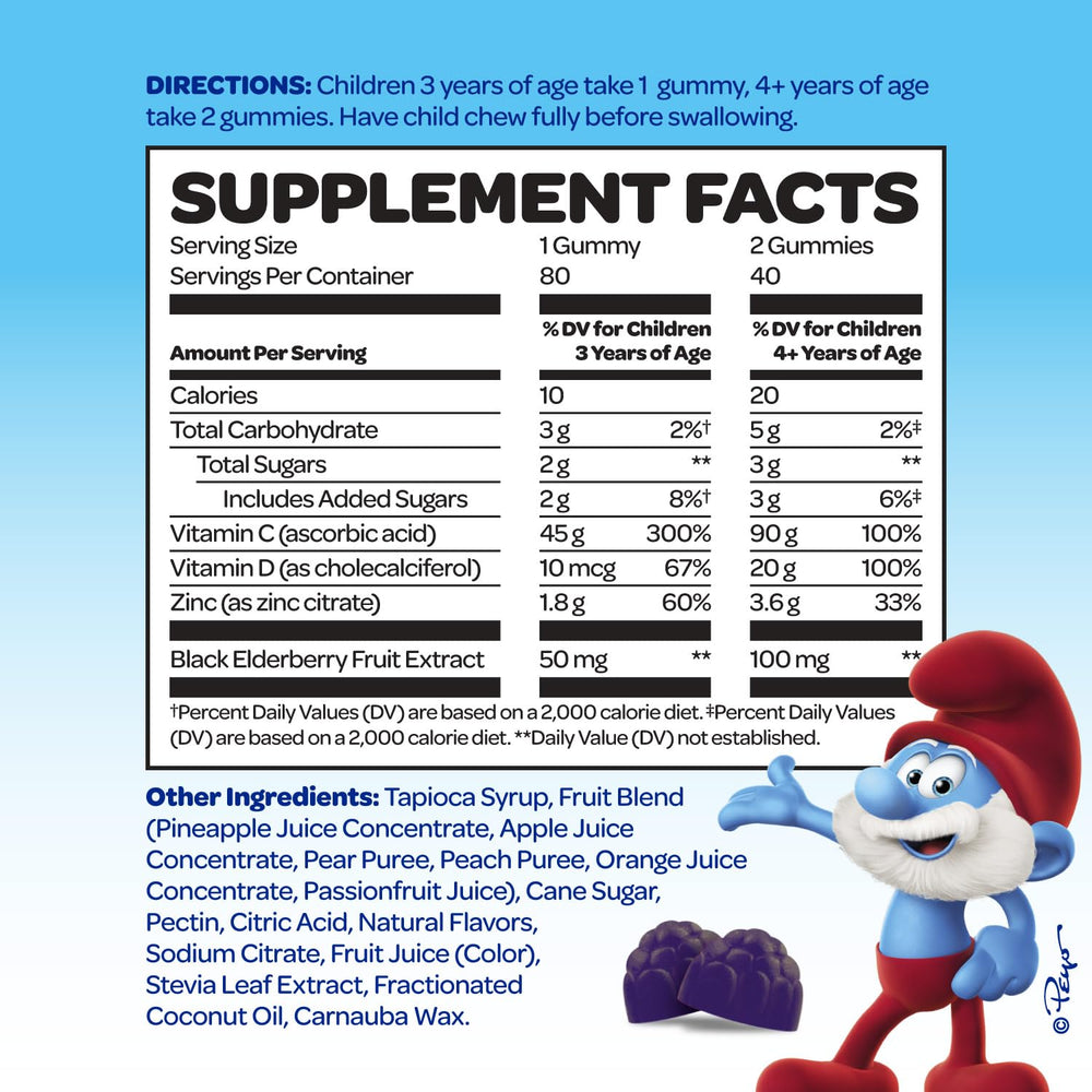 Vitaburst Smurfs Immune gummies on a colorful counter highlighting elderberry and zinc for kids