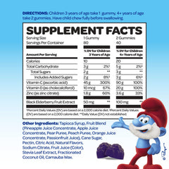 Vitaburst Smurfs Immune gummies on a colorful counter highlighting elderberry and zinc for kids