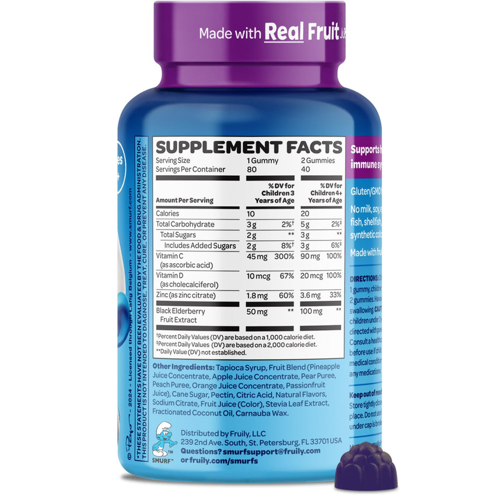 Vitaburst Smurfs Immune real fruit gummies beside a 80-count label