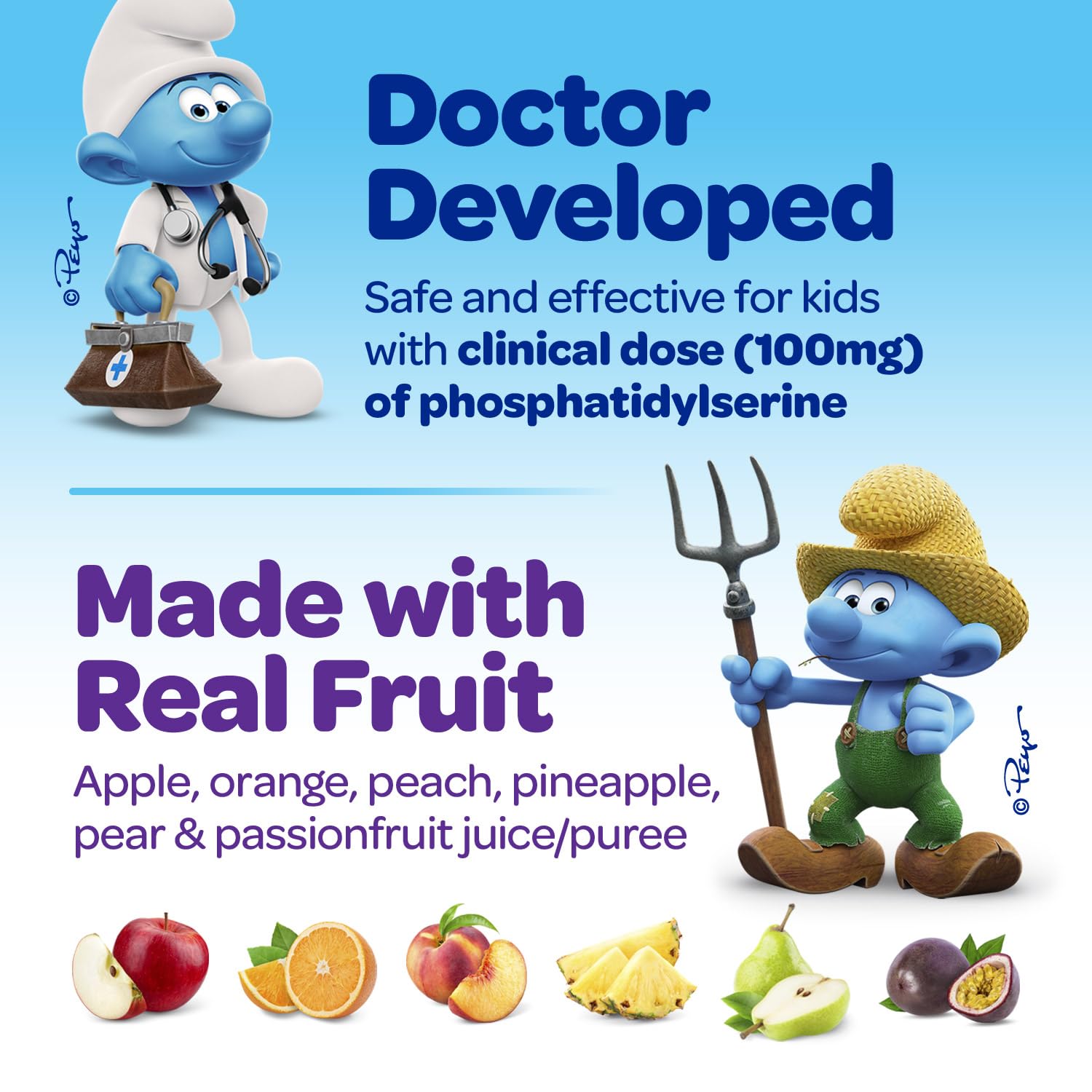 VITABURST Smurfs Kids bottle closeup with fruit juice colors.