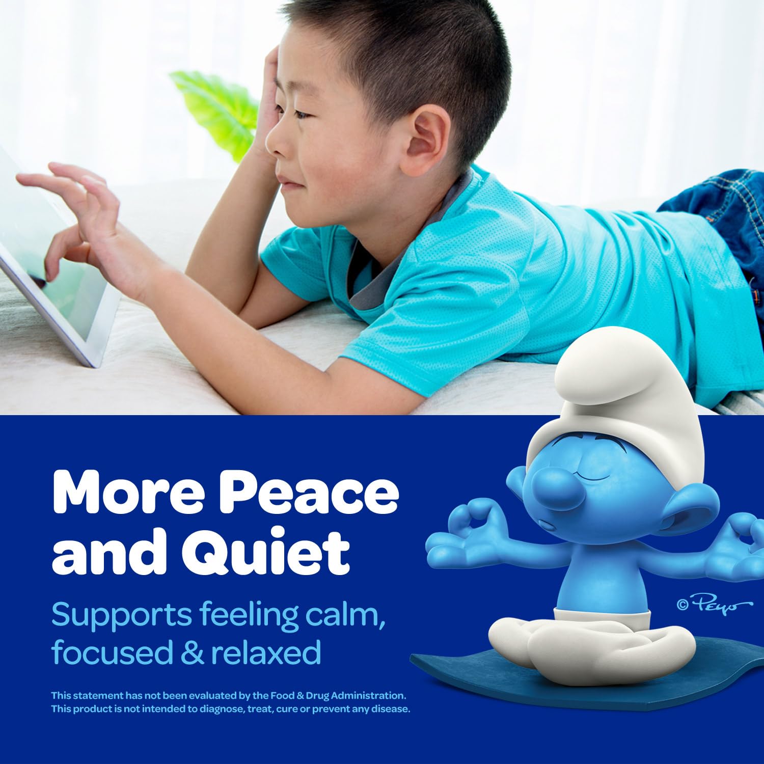 Smurfs Kids Calm Gummies bottle side label highlights gelatin-free, clean ingredients