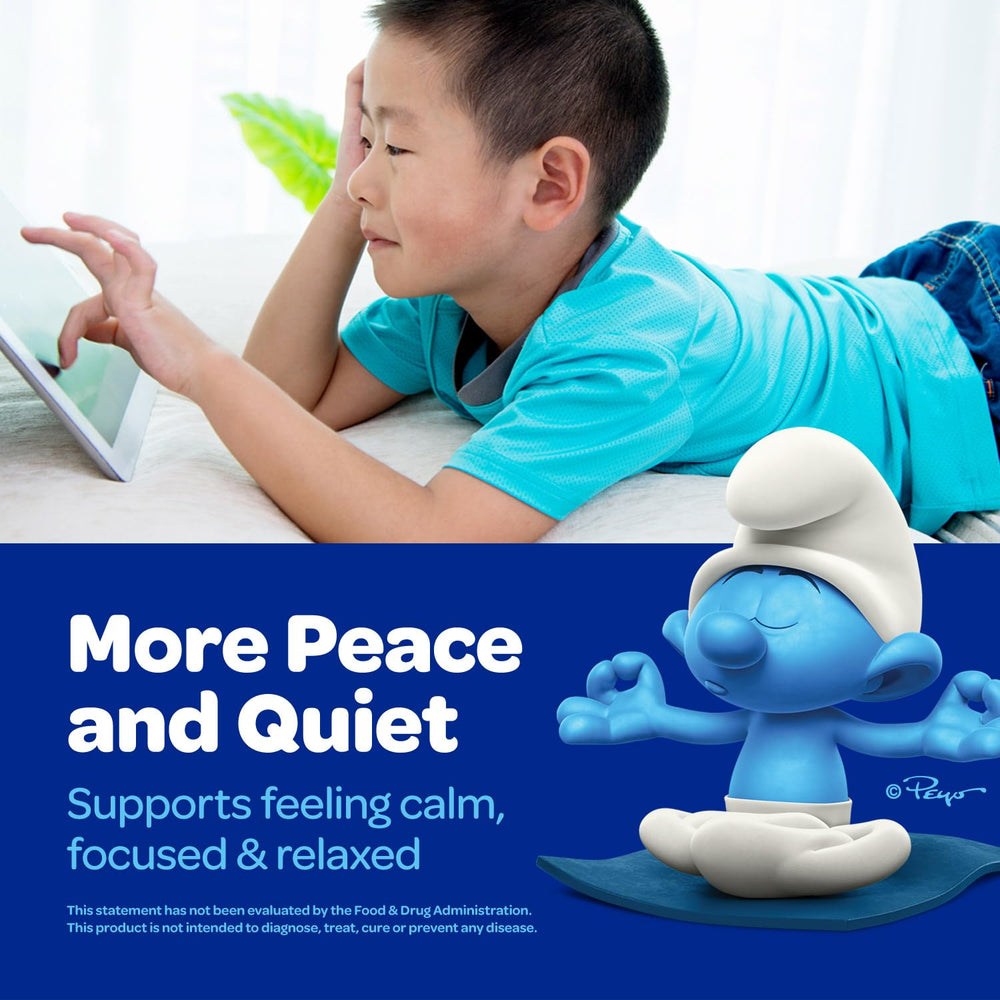 Smurfs Kids Calm Gummies bottle side label highlights gelatin-free, clean ingredients