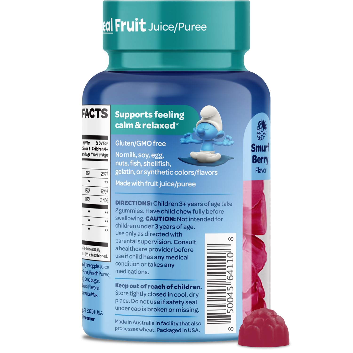 Smurfs Kids Calm Gummies packaging notes no artificial colors or flavors